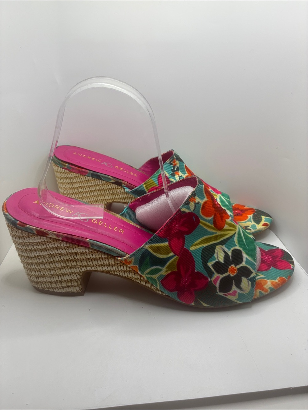 ANDREW GELLER CLOGS/ FLOWERED PATTERN 3.5” HEEL OPEN TOE/ WOVEN DESIGN HEEL 11M